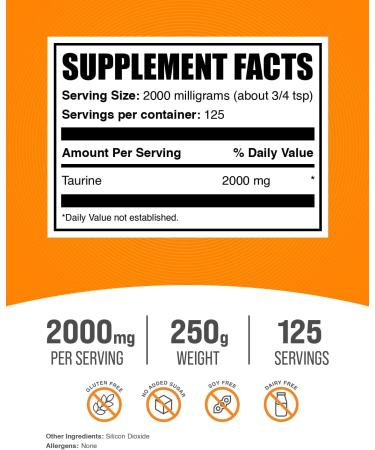 BulkSupplements Taurine Powder 2000mg - Unflavored Amino Acid Supplement for Energy Gluten-Free 250g | 125 Servings - Buy Online on GoSupps.com