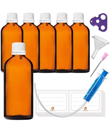 Handsunity 100ml-6Stk Dripper insertion bottle Small amber glass bottle-pharmacists with a white drop of dripping Closure from Braunglas Set including 18 aids 100ml-6 pieces White cap