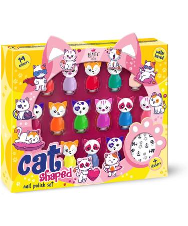 Cat Shaped Water-Based Nail Polish Set beauty4britain 14 Colours Quick Dry Peel Off Cat Nail Stickers Included Display Gift Box - Buy Online on GoSupps.com