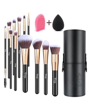 Qivange Makeup Brushes  Professional Foundation Eyeshadow Blending Brushes Set with Brush Holder+ Sponge & Brush Cleaner(Black with Rose Gold  12pcs)