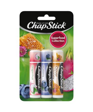 ChapStick Lip Balm Superfood Collection 3-Pack Dragon Fruit Blueberry & Clover Honey Moisturizer for Dry Lips 0.15 Oz