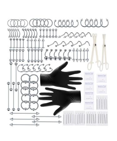 Aumeo 140PCS Stainless Steel Body Piercing Kit 14G 16G 20G Piercing Needles Belly Button Rings Tongue Tragus Cartilage Helix Daith Rook Earring Lip Eyebrow Nose Rings Body Jewelry Tool