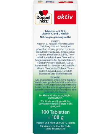 Double Heart Zinc 15 + Histidin + Vitamin C - Immune Support & Skin Health - 100 Vegan Depot Tablets (1 Pack) - Buy Online on GoSupps.com