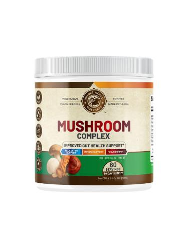 WHOLE WORLD WELLNESS Organic Mushroom Complex Powder | Immune Defense, Energy & Focus Support | Reishi, Lion's Mane, Chaga | Dairy Free & Soy Free | 60 Servings | Made in The USA.