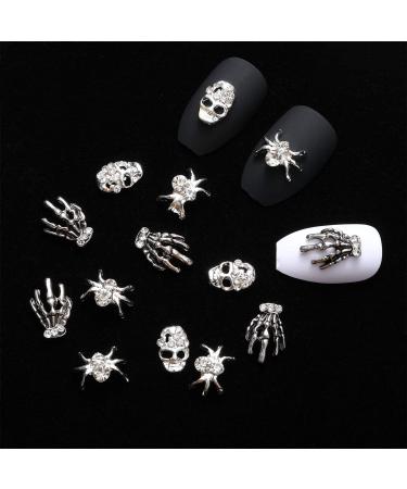 60-Piece Antique Silver Skull Nail Charms Set - 3D Spider & Skeleton Hand Design with Rhinestones for Nail Art & Cellphone Decoration - Buy Online on GoSupps.com