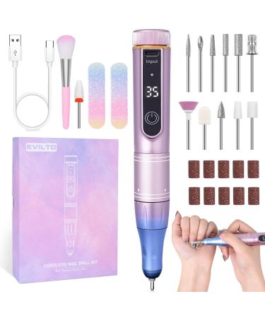 EVILTO Electric Nail Files Cordless Professional Nail Drill LCD Display With 12 Bits 35 Speed 35000RPM Rechargeable Manicure Pedicure EFile For Gel Nail Polish Acrylic Nails Thick Toenails Removal