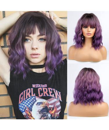 Haoland Purple Wig With Bangs for Women 14  Short Bob Wavy Wig Heat Resistant Colored Wigs Synthetic Wig for Daily Party Use Cosplay (Purple)