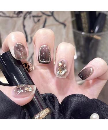 Short False Nails Acrylic Stick on Nails 24pcs Pink Press On Nails Ballet French Style Fake Nails with Glue Sticker for Women and Girls Naughty Nail Tips(GlitterBlack) Black Crystal