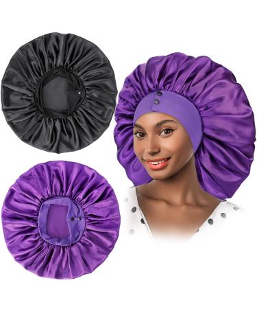 2 Pcs Large Satin Bonnet Hair Bonnets for Black Women Silk Bonnet for Sleeping Satin Sleep Caps with Two Buttons on Elastic Soft Band Big Bonnet for Women Curly Hair Long Hair Braids(Black+Purple)