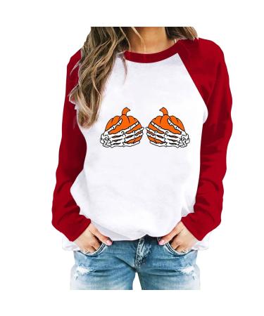 Halloween Costumes Pumpkin Hand Print Colorblock Casual Fashion Sweatshirt Top Front Pocket Classic Pullover Red 3X-Large