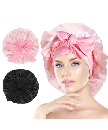 Arqumi Silk Bonnet 2PCS Large Silk Hair Wrap for Sleeping Adjustable Satin Bonnet Hair Bonnet Sleep Cap with Elastic Stay On Head for Long Curly Thick Black Hair for Women Hair Care Pink&Black A (2PCS) Black & Pink