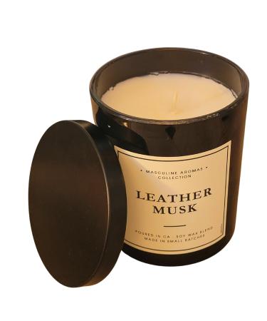 Soy Wax Blend Candle Black Jar Single Wick Black Tin Lid Scented Leather Musk Candle