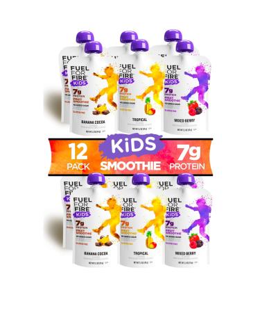 Fuel For Fire KIDS! Variety (12 Pack) Fruit & Protein Smoothie Squeeze Pouch | Nutritionist Approved, Peanut Free, Ready to Eat Snack | Gluten Free, Soy Free, Kosher | Less sugar than most applesauce Variety 3.2 Ounce (Pack of 12)