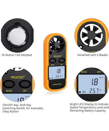 Proster Windminder Digital LCD Wind Speed Meter Gauge - Accurate Air Flow Measurement Thermometer with Backlight for Windsurfing Kite Flying Sailing Surf Fishing - Orange - Buy Online on GoSupps.com