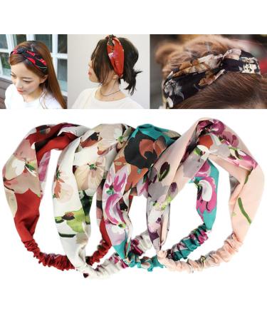 iLoveCos Women Stretchy Printed Head Wrap Floral Style Crossover Elastic Vintage Flower Headbands Boho Twisted Knotted Hairband Girl Hair Band Turban Yoga Sport Daily Wear 4 Pieces