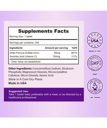 Hievy Iron Supplement Ferrous Sulfate 325mg with Vitamin C, 240 Vegan Tablets (8 Month Supply) - 65mg Elemental Iron - Non-GMO, Vegan - Made in USA 240 Count (Pack of 1) - Buy Online on GoSupps.com