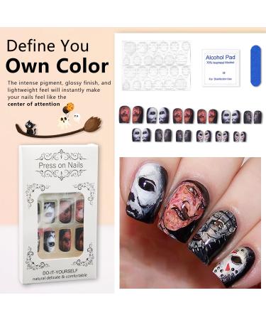 Halloween Press On Nails - Horror Eye Blood Black Glossy Full Cover - Reusable Acrylic Nail Kit 24 Pcs - Buy Online on GoSupps.com