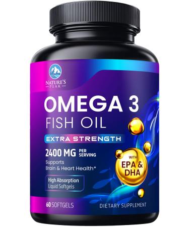 Omega 3 Fish Oil 2400mg - Triple Strength Sustainably Sourced Omega-3 EPA & DHA Supplement Softgels - Purified Formula EPA & DHA Fish Oil Fatty Acids Supplements - Bottled in USA - 60 Softgels 60 Count (Pack of 1)