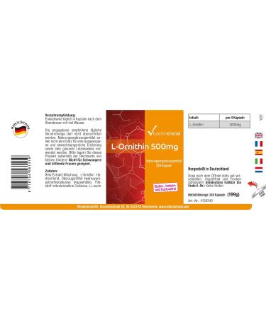 L-Ornithine 500mg - 240 Vegan Capsules | High Dose Supplement | Vitamintrend - Shop Internationally - Buy Online on GoSupps.com