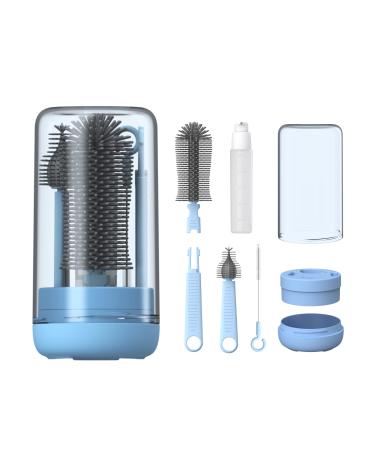 YOTIME Baby Bottle Brush Travel Bottle Cleaner Kit with Extendable Silicone Bottle Brush Nipple Cleaner Brush Straw Brush Soap Dispenser Dust Cap and Stand Blue