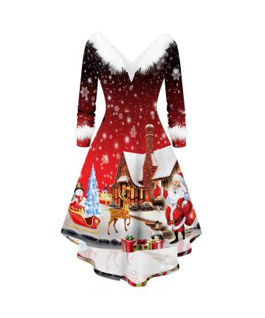 Yihaojia Christmas Dresses for Women Vintage Xmas Mrs Claus Costume Hi Low Long Sleeve Fur Trim Dresses V Neck Swing Dress Black Medium