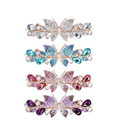 inSowni 4 Pack Luxury Glitter Sparkly Jeweled Gems Crystal Rhinestone Butterfly Metal French Barrettes Alligator Snap Hair Clips Headpieces Accessories for Women Girls