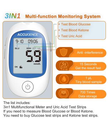 ACCUGENCE Uric Acid Test Kit with 3in1 Meter - Fast Results for Home Testing | 25 Test Strips Included - UK mmol/L - Buy Online on GoSupps.com