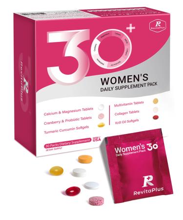 RevitaPlus Multivitamin for Women with Vitamin A B C D3 E K2 Biotin Collagen Krill Oil Cranberries Supports Energy Wellness Beauty and Immune - Vitamin Packs for Women Health 30 Packs