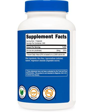 Nutricost Zinc Picolinate 30mg 240 Capsules - Gluten Free, Non-GMO - 240 Count - Buy Online on GoSupps.com
