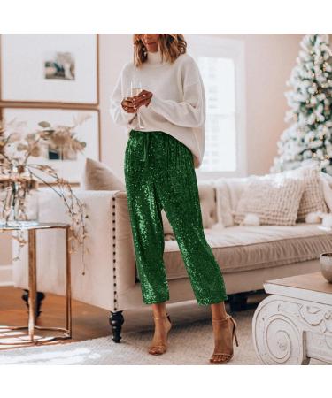 Elegant High Waist Sequin Pants for Women | Stretch Glitter Party Pants in M Green - Stylish & Comfortable - Buy Online on GoSupps.com