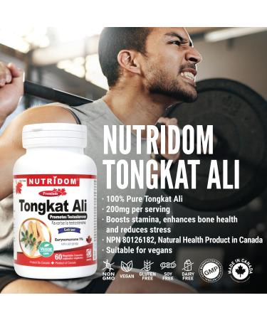 Nutridom Tongkat Ali Supplement for Men 200mg - Non-GMO Vegan Gluten Free Soy and Dairy Free Made in Canada (60 Veggie Caspules) - Buy Online on GoSupps.com