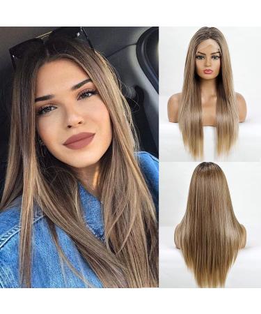 EMMOR Lace Front Wig 13*4 Lace Wig Long Ash Brown Straight Wig Heat Resistant Synthetic Ash Blonde Wig Natural Headline ombre brown