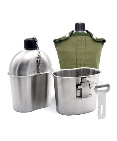 TargetEvo Stainless Steel Military Canteen 1QT Portable with 0.5QT Cup Green Cover Camping Hiking G.I. 1qt Canteen With Cup & Green Cover