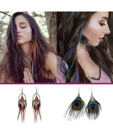 Feather Hair Extensions Kit: 16 Inches 50 Strands Colored Hair Extensions with Rooster & Peacock Feather Earrings - Ideal Christmas Hair Accessories for Women and Girls - Buy Online on GoSupps.com