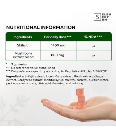 5 elementum Original Shilajit Gummies 2200 mg 90 pieces Premium Shilajit Gummies with Lions Mane Reishi Chaga & Cordyceps Himalayan Shilajit for energy and vitality with the aroma of watermelon Watermelon 90 Gummies - Buy Online on GoSupps.com