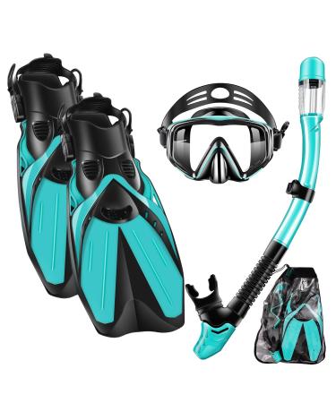 2023 Version Snorkel Set, Mask Fins Snorkeling Gear Adults, Snorkel Goggles Panoramic View Anti-Fog Anti-Leak Dry Top Snorkel and Dive Flippers Kit with Gear Bag for Diving Training Green S/M