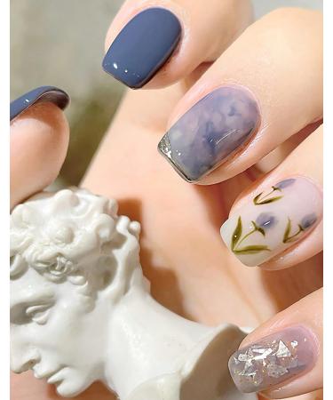 24pcs Watercolor Blue Coffin Fake Nail Flower Blue 3D Press on Nails Valentine's Day Nails Luxurious Nails Acrylic Nails Fake Nails For Women Girls