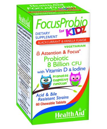 FocusProbio for Kidz 60 Chewable Tablets Supports Cognitive Function for Attention and Focus. Blackcurrant and Vanilla Flavor Contains Vitamin D & Iodine. Acid & Bile Resistant Strains. Vegetarian