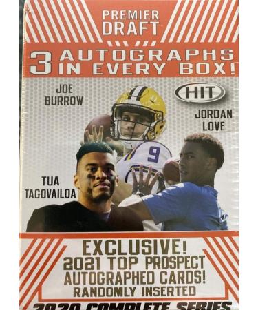 2020 SAGE FOOTBALL LOW & HIGH COMPLETE SERIES HIT PREMIER DRAFT Factory Sealed BLASTER BOX (73 Cards: 50 base cards, 20 exclusive parallels and 3 AUTOGRAPHS Chase autographed rookie cards of Joe Burrow, Tua Tagovailoa, and even 2021 Draft Class Players Am