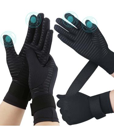 2 Pairs Full Finger Copper Arthritis Compression Gloves for Women Men with Wrist Strap Compression Gloves for Carpal Tunnel Hand Pain Relief Swelling Typing with Touchscreen Tips (Large/X-Large) Large / X-Large (2 Pairs) Black