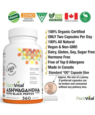 PlantVital Organic Ashwagandha Supplement with Black Pepper - 1300mg (two caps) Ashwagandha Capsules for Stress Relief Energy Increase Sleep Aid & Memory Support - 360 Vegan Ashwagandha Supplements 3 Bottles (6 Months Supply) - Buy Online on GoSupps.com