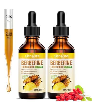 (2 Pack) Berberine Supplement 1500mg Organic Berberine Liquid Drops with Ceylon Cinnamon Bitter Melon - Supports Immune and Metabolism Vegan Pineapple Flavor-2 FL Oz 2 Fl Oz (Pack of 2)