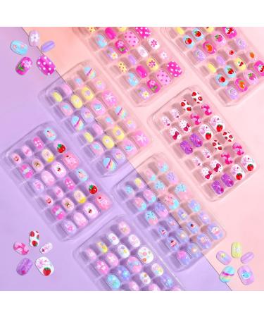 168Pcs Press on Nails for Kids Girls Shynek Kids Fake Nails for Children Pre Glue Stickers Nails Full Cover Short Acrylic Nails Set Gifts for Girls Nail Art Decoration M-strawberry