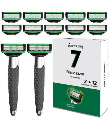 Ultimate Comfort Shaving Set for Men: 7 Blade Razors with Lubricating Strip Non-Slip Rubber Handle 12 Refills + 2 Handles Ergonomic Design Vitamin E & Aloe Vera Infused for Irritation Reduction