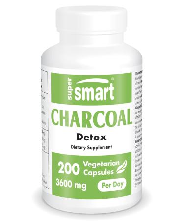 Vegetable Activated Carbon 3600 mg/day - Digestion - Anti-Bloating - Reduction of Intestinal Gases - Helps Reduce Excess Flatulence - 200 Vegetable Capsules - Vegan - Supersmart