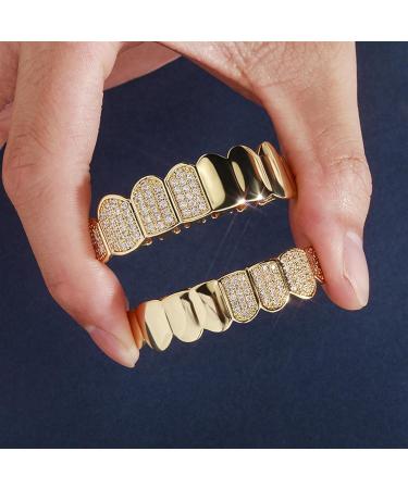 Hip Hop Teeth Grills with Iced Out Zircon Vampire Double Spelling Large Gold Teeth Halloween Cosplay Party Tooth Rapper Gift for Women Men - Buy Online on GoSupps.com