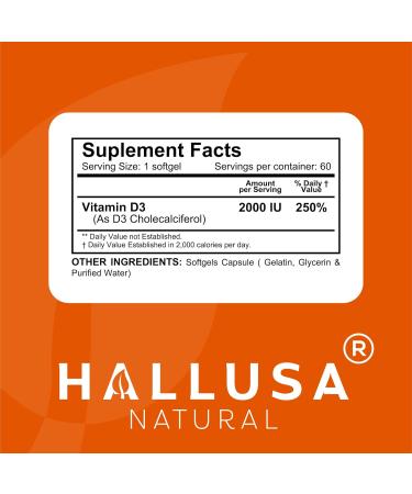 Hallusa Natural Vitamin D3 Softgels 2000 IU Daily Immune Defense Bone & Teeth Support Calcium Absorption Mood & Muscle Function - 60 Day Supply - Buy Online on GoSupps.com