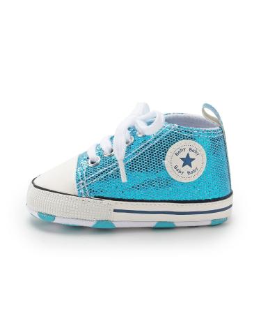 BAIELey walk in the clouds Baby Boys Girls Infant Canvas Sneakers High Top Lace up Bling Sequins Soft Sole Newborn First Walkers Shoe 6-12 Months Blue