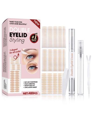 Eyelid Tape, Invisible Eyelid Lifter Strips, Instant Double Eyelid Lift for Hooded, Droopy, Uneven, Mono-Eyelids, Big Eye Tools with Fork Rods & Tweezers, 480 PCS