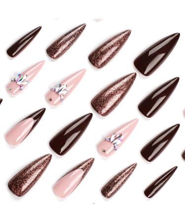 French Tip Press on Nails - Long pointed Press On Nails with Nail Tips Colorful Diamond French False Nail sparkling Deep coffee press on nails Acrylic False Nails Cute Artificial Nails - Buy Online on GoSupps.com